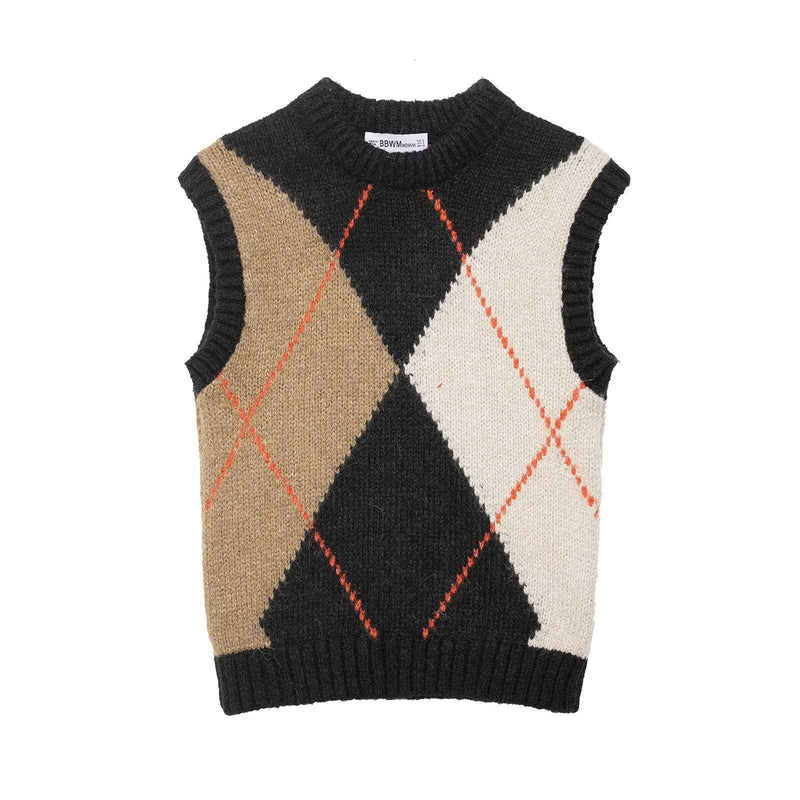 Camille | Argyle Knitted Vest Top Black Cream Beige Sleeveless