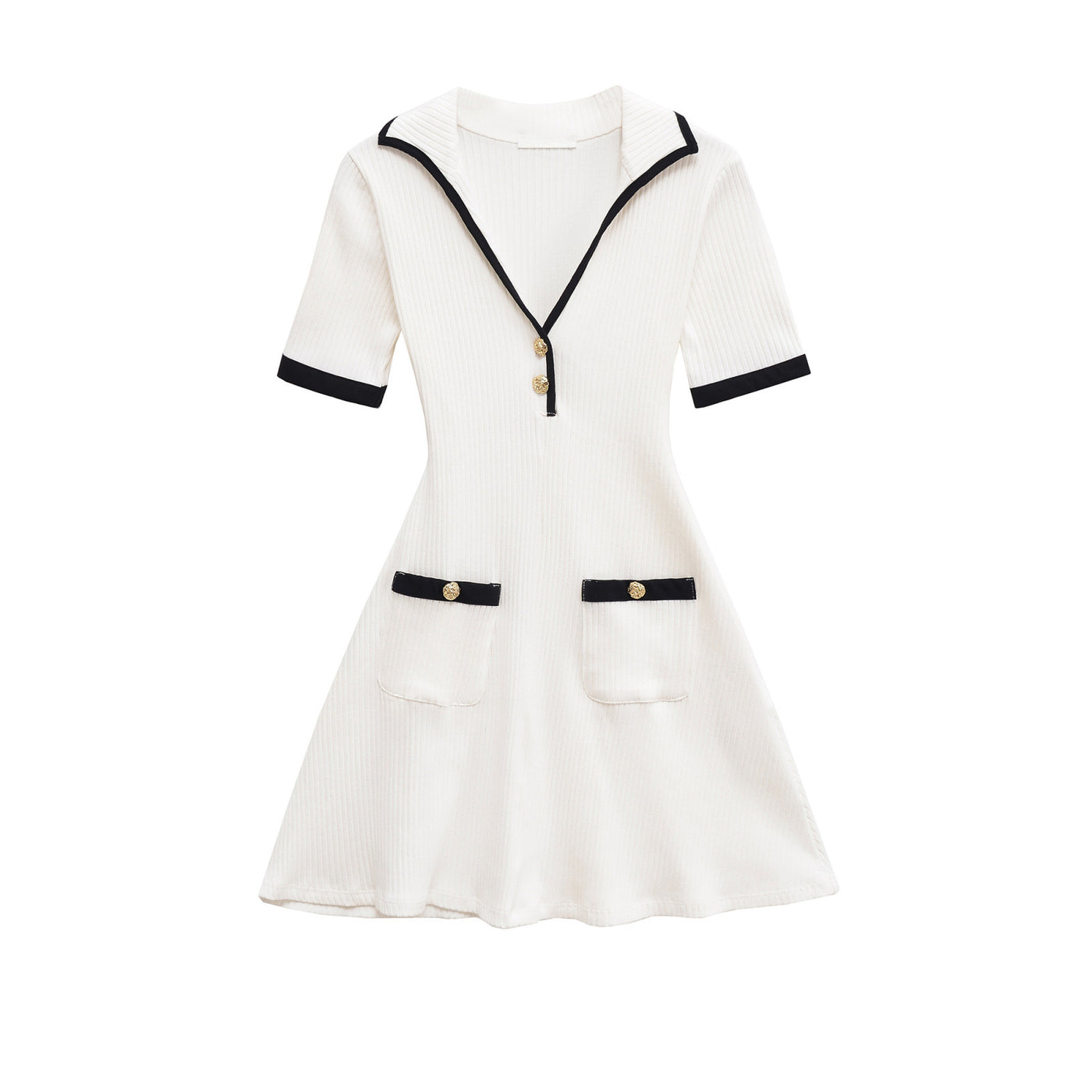 Amelia | Polo Collar Gold Button Patch Pocket Ribbed Knit Mini Shirt Dress