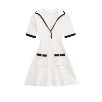 Amelia | Polo Collar Gold Button Patch Pocket Ribbed Knit Mini Shirt Dress