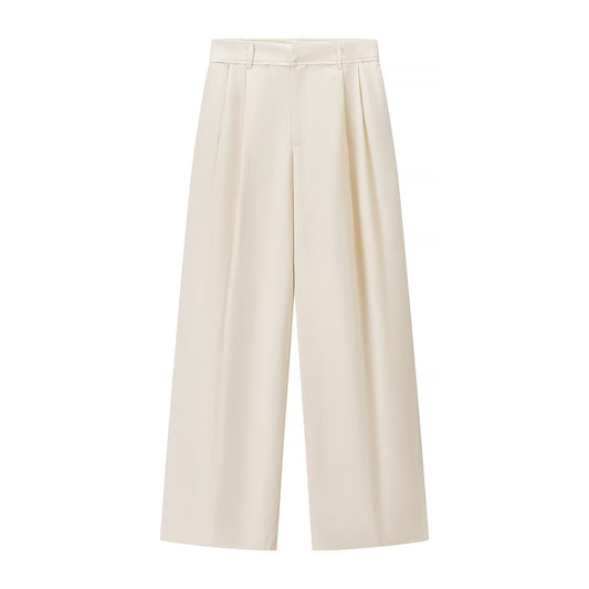 Ada | Wide Leg Trousers Cream Pleated High Waisted