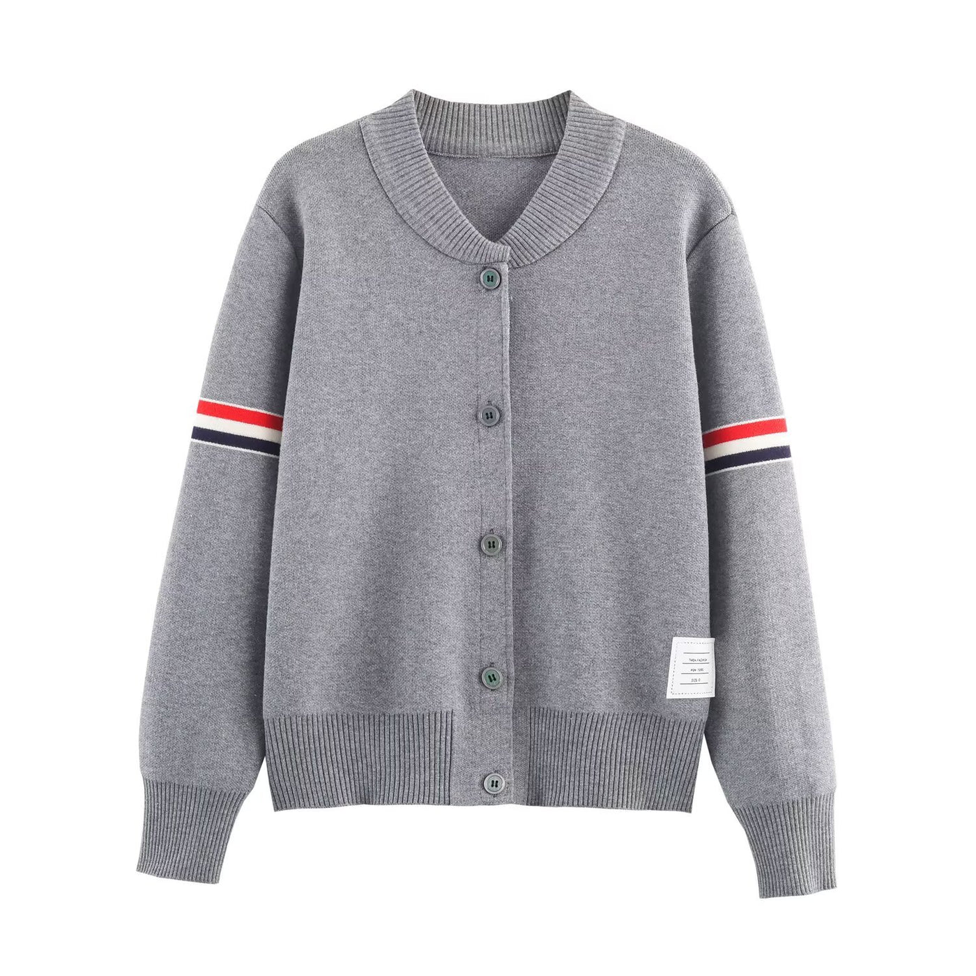 Maya | Stripe Arm Detail Crew Neck Button Front Ribbed Cropped Knit Cardigan