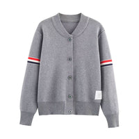 Maya | Stripe Arm Detail Crew Neck Button Front Ribbed Cropped Knit Cardigan