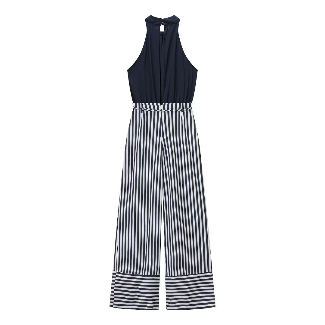 Adeline | Halter Neck Self-Tie Waist Stripe Flowing Wide-Leg Jumpsuit in Navy
