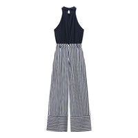 Adeline | Halter Neck Self-Tie Waist Stripe Flowing Wide-Leg Jumpsuit in Navy