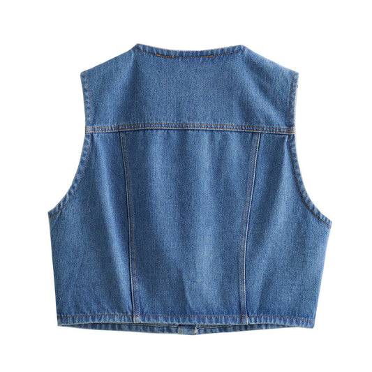 Sia | Cropped Vest Top Blue Denim Sleeveless Button Front Pockets