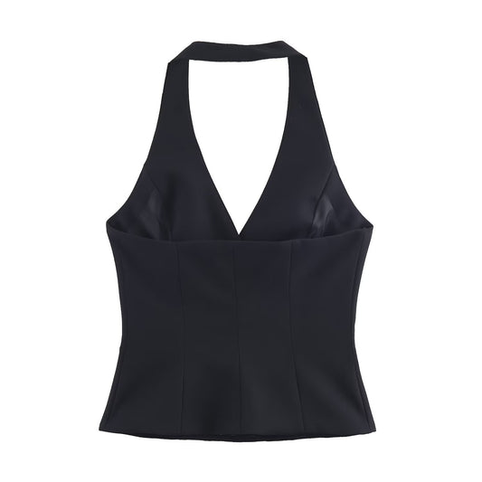 Viola | Elegant Halter Neck Top Black Double Breasted Sleeveless