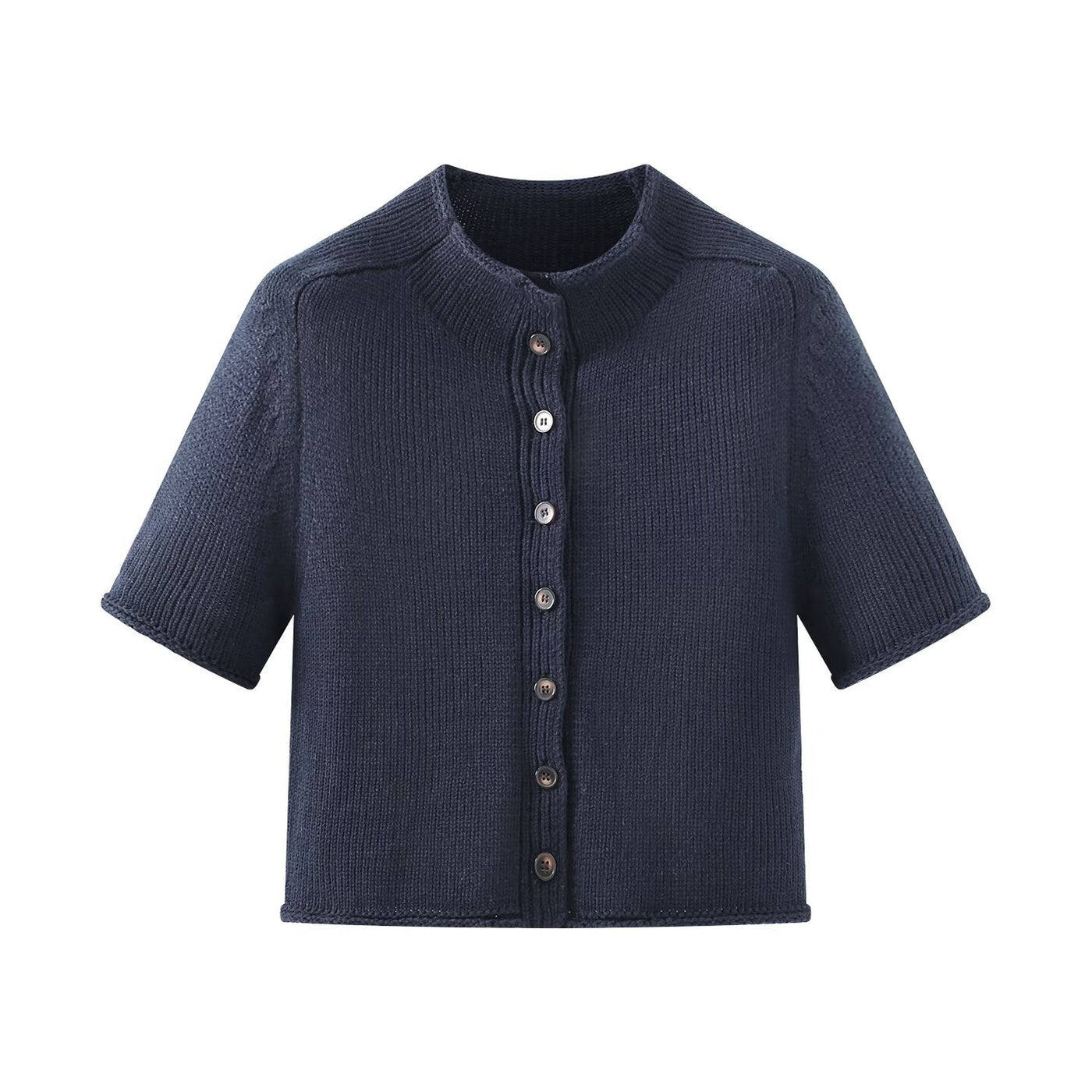 Zoe | Ruffle Stand Collar Button Front Ribbed Cropped Cardigan