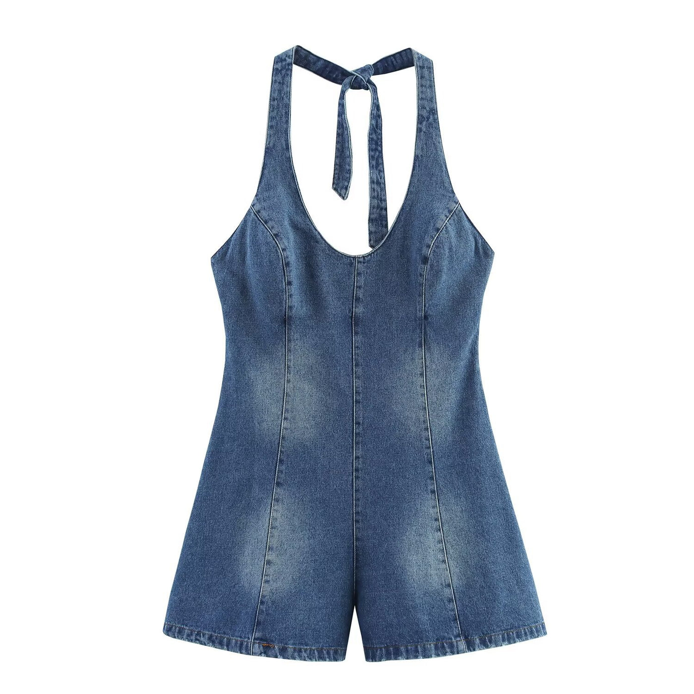 Skye | Halter Denim Romper in Blue