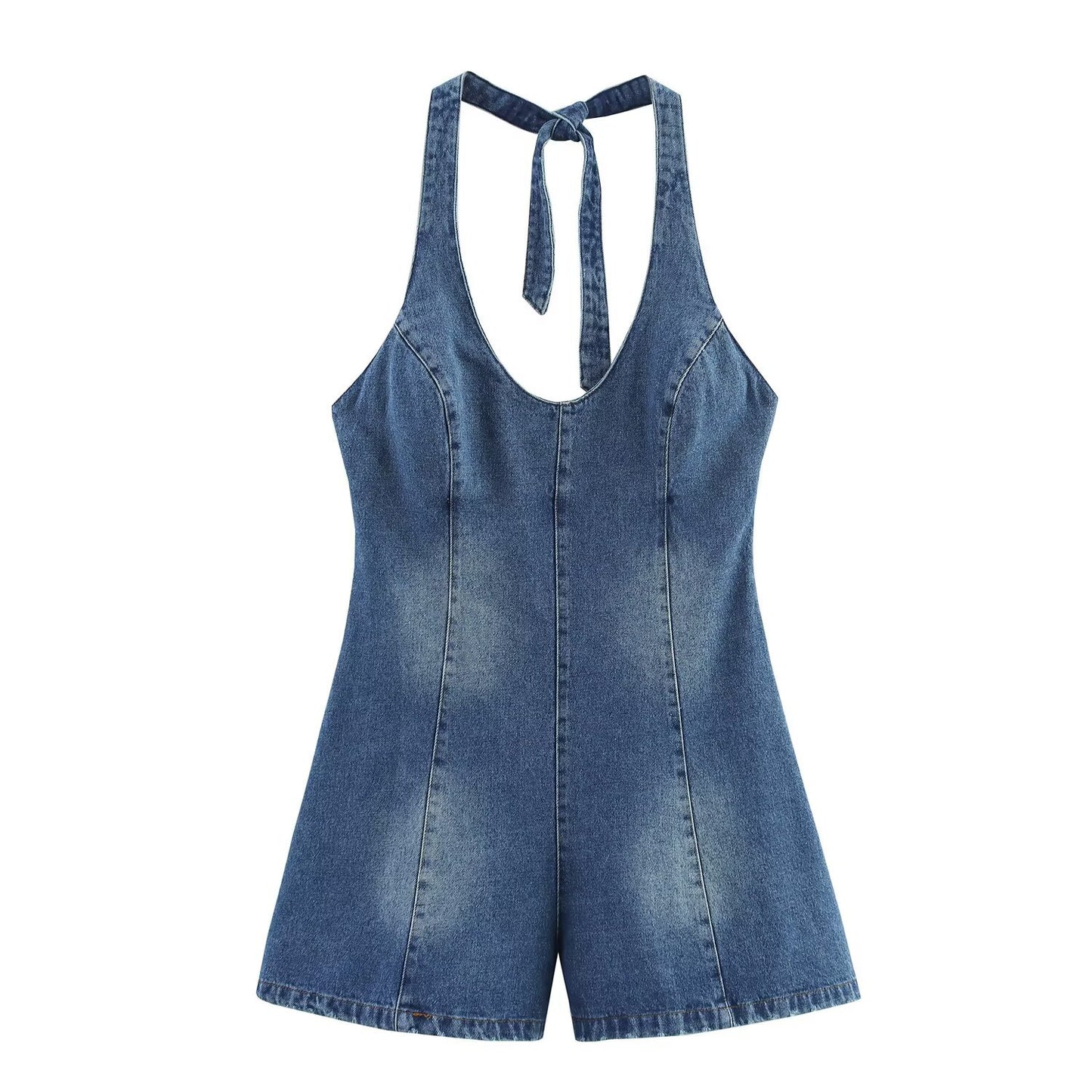 Celine | Denim Halter Neck Mini Jumpsuit Blue