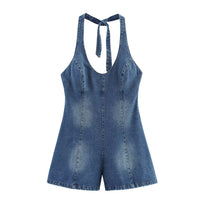 Skye | Halter Denim Romper in Blue