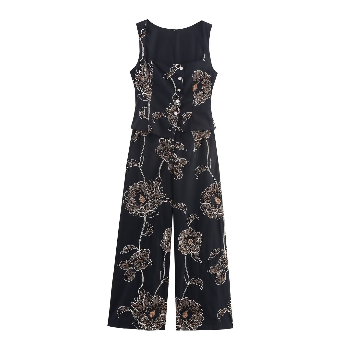 Ailsa | Floral Print Square Neck Peplum Top and Wide-Leg Trousers Matching Set in Black