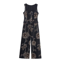 Ailsa | Floral Print Square Neck Peplum Top and Wide-Leg Trousers Matching Set in Black