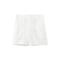 Nora | High-Waist Broderie Anglaise Panel White Linen Shorts