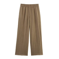 Julia | Elasticated Waist Side Pocket Wide-Leg Linen Trousers in Khaki, Red and Brown