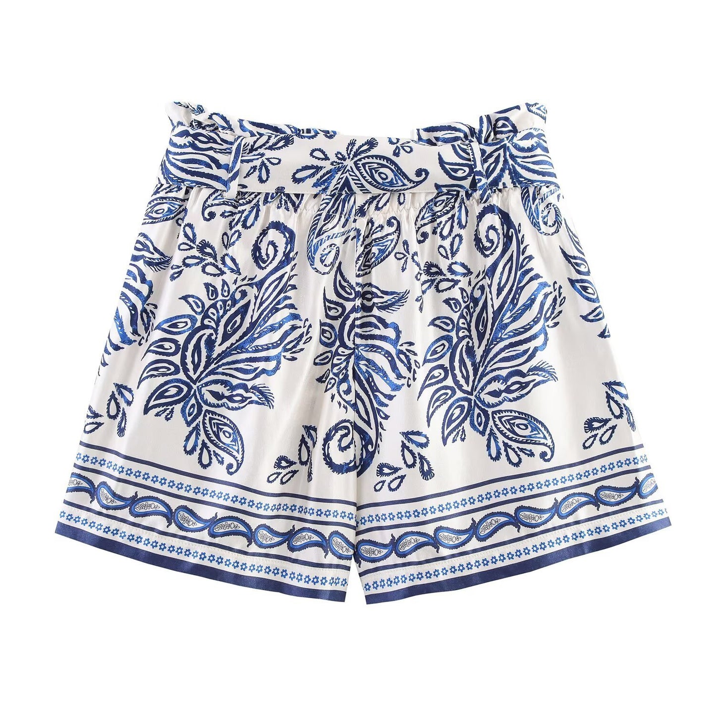 Riva | Summer Printed Shorts White Blue High Waisted