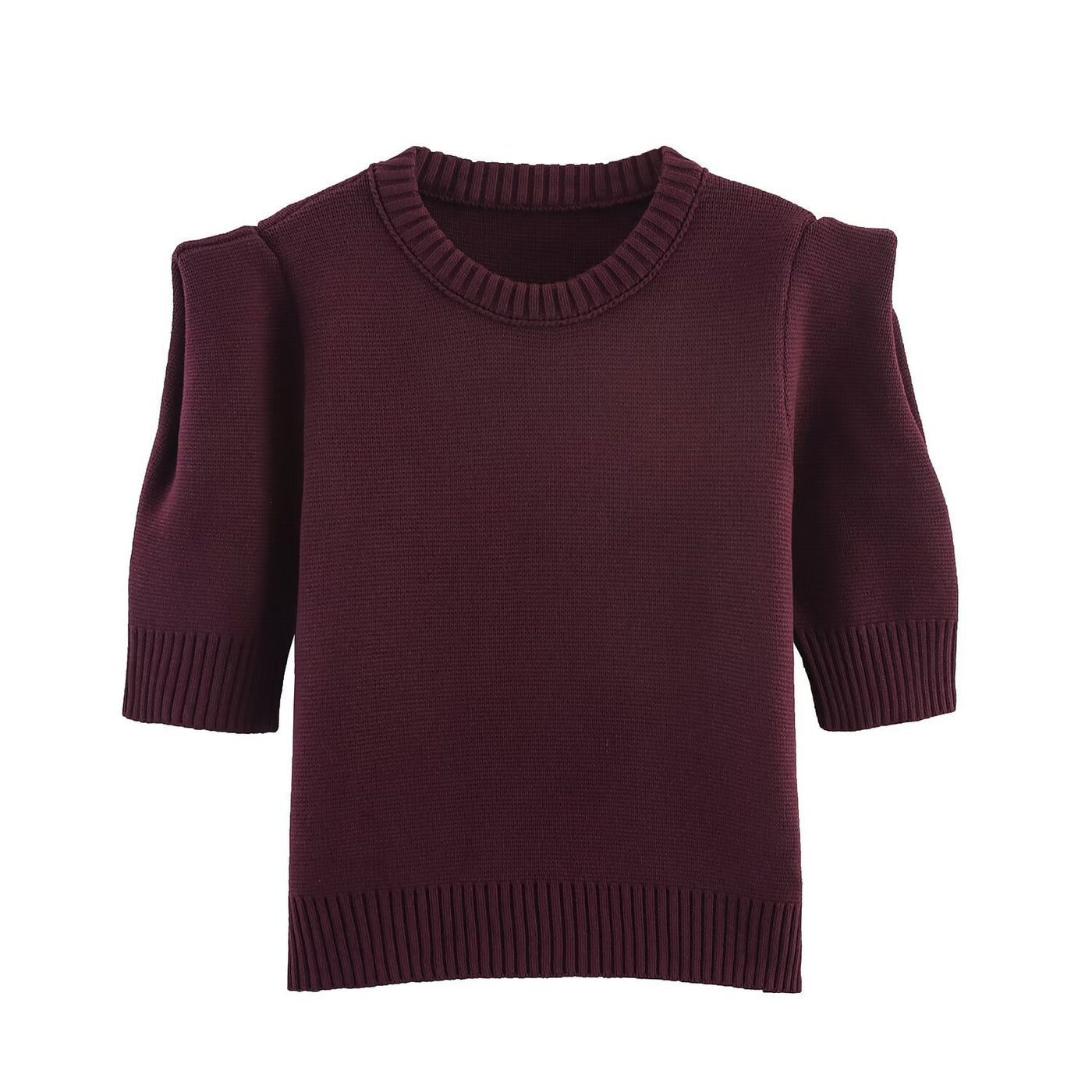 Lucy | Puff Sleeve Crew Neck Ribbed Cropped Knit Top