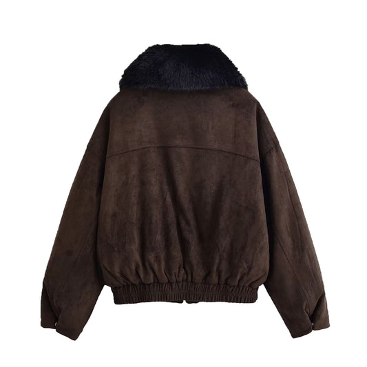 Ada | Winter Aviator Jacket Brown Faux Fur Collar Suede