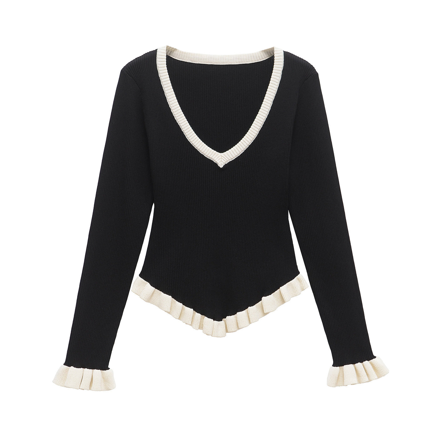 Heidi | V-Neck Contrast Trim Ruffle Cuff Hem Ribbed Knit Top