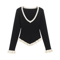 Heidi | V-Neck Contrast Trim Ruffle Cuff Hem Ribbed Knit Top