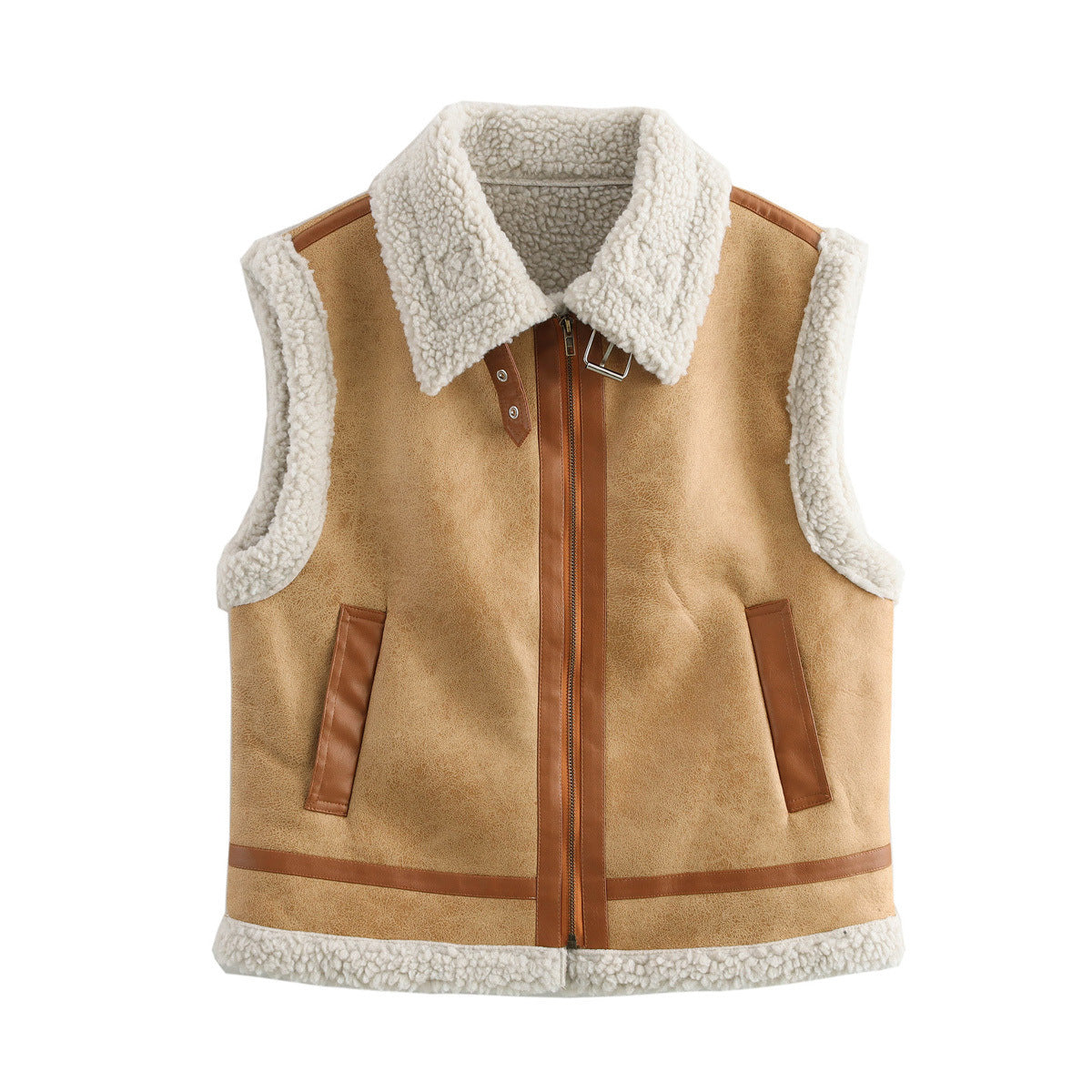 Vera | Faux Leather Sherpa Vest Brown Cream Sleeveless Zip Up