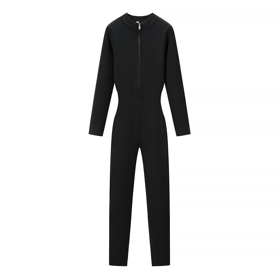 Mabel | Ribbed Knit Long Sleeve Bodycon Jumpsuit in Beige & Black