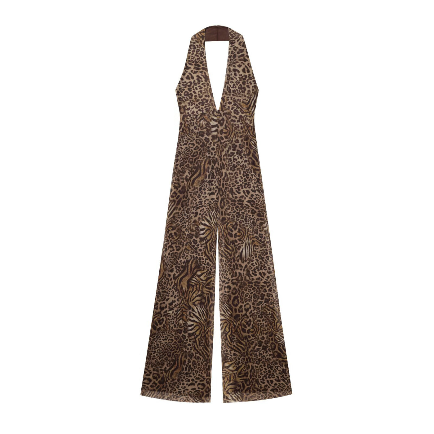 Camilla | Deep V-Neck Animal Print Halter Wide-Leg Chiffon Jumpsuit in Brown
