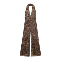 Camilla | Deep V-Neck Animal Print Halter Wide-Leg Chiffon Jumpsuit in Brown