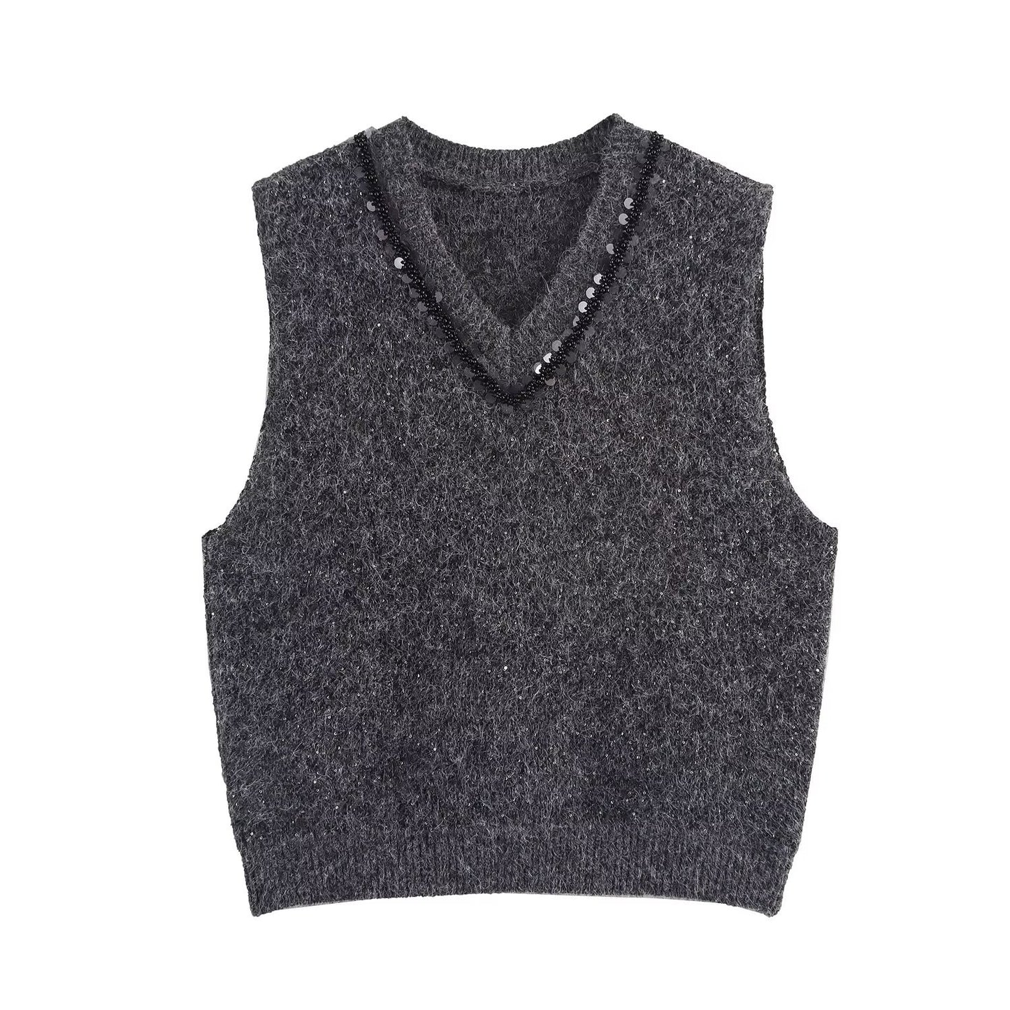 Lola | Knitted Vest Top Grey Sleeveless V Neck Rhinestone Trim