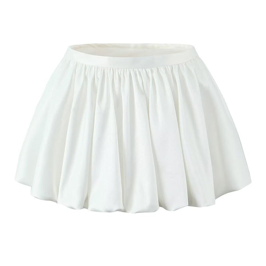 Romy | Satin Mini Skirt Black Balloon Hem Pleated