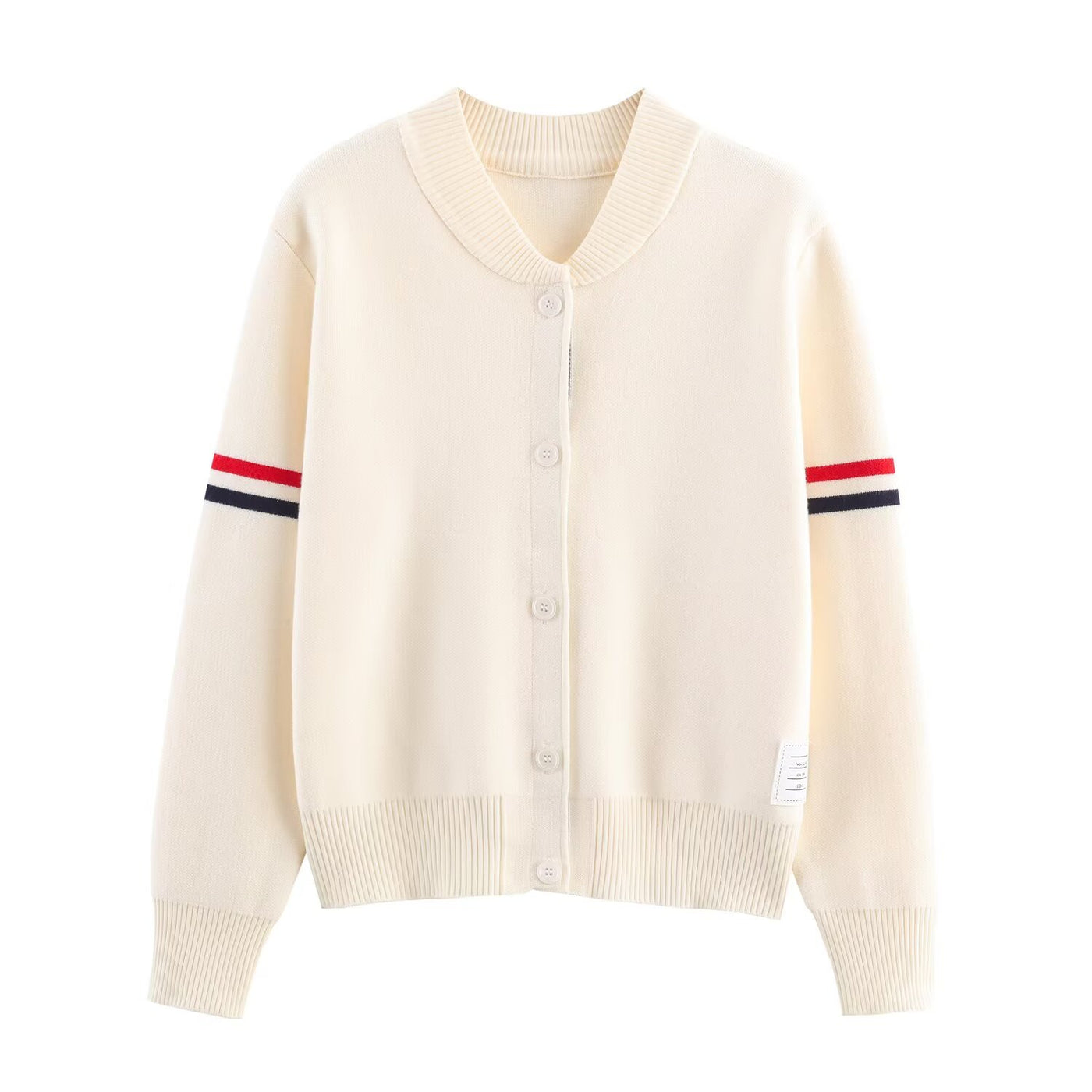 Maya | Stripe Arm Detail Crew Neck Button Front Ribbed Cropped Knit Cardigan