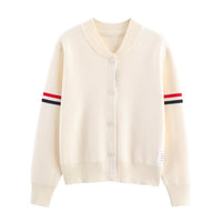 Maya | Stripe Arm Detail Crew Neck Button Front Ribbed Cropped Knit Cardigan