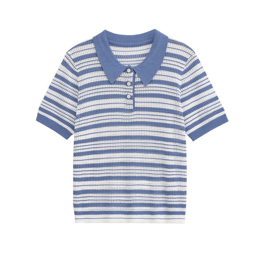 Daisy | Light Blue Breathable Crochet Knit Striped Polo Top