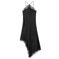 Primrose | Lace Trim V-Neck Spaghetti Strap Asymmetric Hem Satin Slip Midi Dress