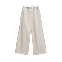 Georgia | Elasticated High-Waist Contrast Drawstring Pocket Wide-Leg Cotton Trousers in Cream
