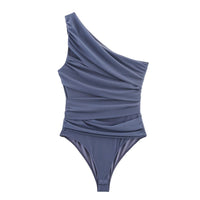 Lara | One-Shoulder Ruched Top in Black, Brown & Blue