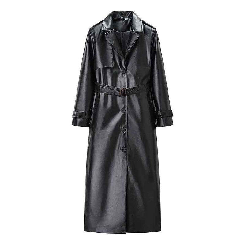 Cleo | Elegant Belted Leather Coat Black Long