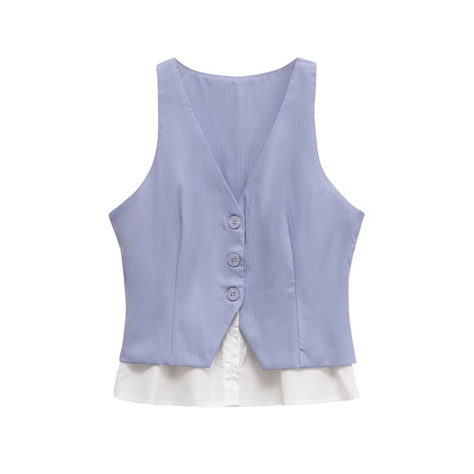 Noa | Smart Casual Vest Top Blue Ribbed Sleeveless Button Front V Neck