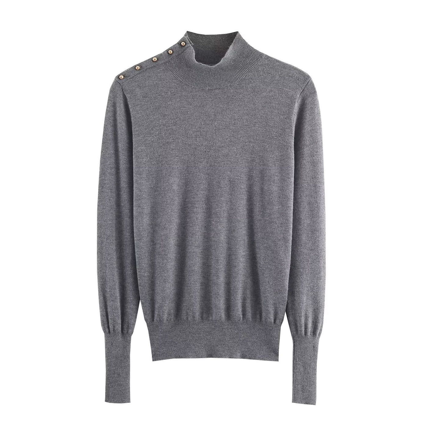 Sophie | Mock Neck Gold Shoulder Button Puff Shoulder Ribbed Fitted Knit Top