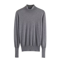 Sophie | Mock Neck Gold Shoulder Button Puff Shoulder Ribbed Fitted Knit Top
