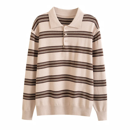 Grace | Classic Striped Knit Long Sleeve Polo Top