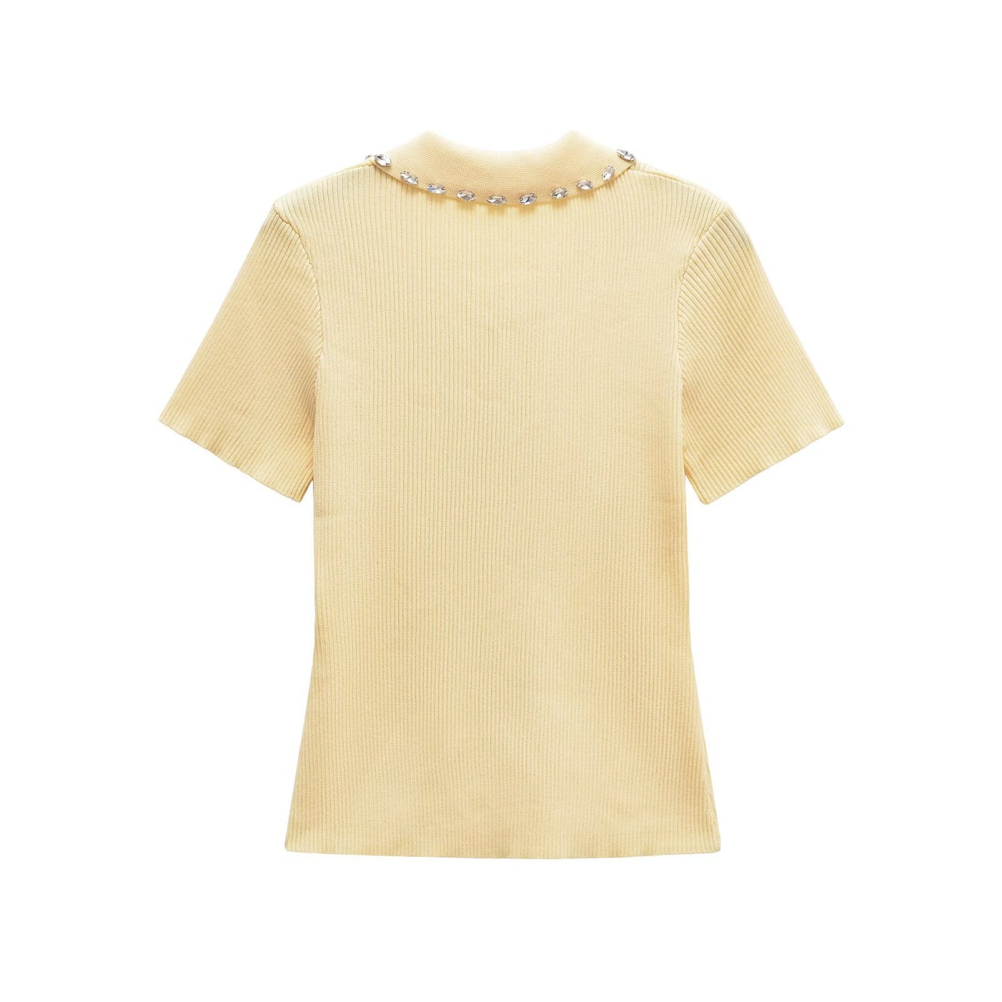 Olivia | Elegant Ribbed Knit Rhinestone Collar Polo Top