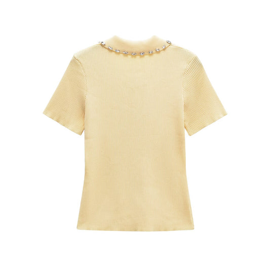 Olivia | Elegant Ribbed Knit Rhinestone Collar Polo Top