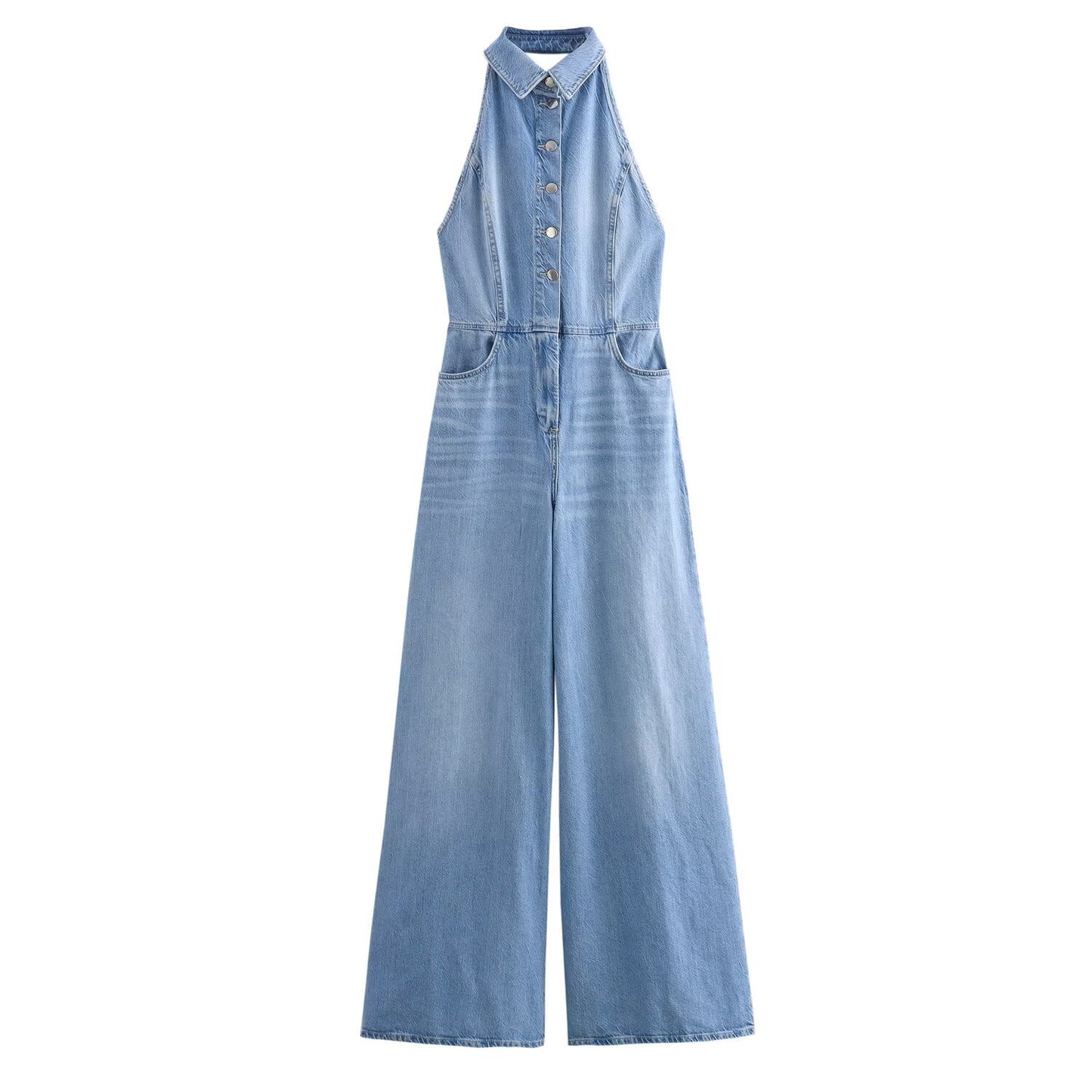 Marin | Denim Shirt Jumpsuit Light Blue Halter Neck Wide Leg
