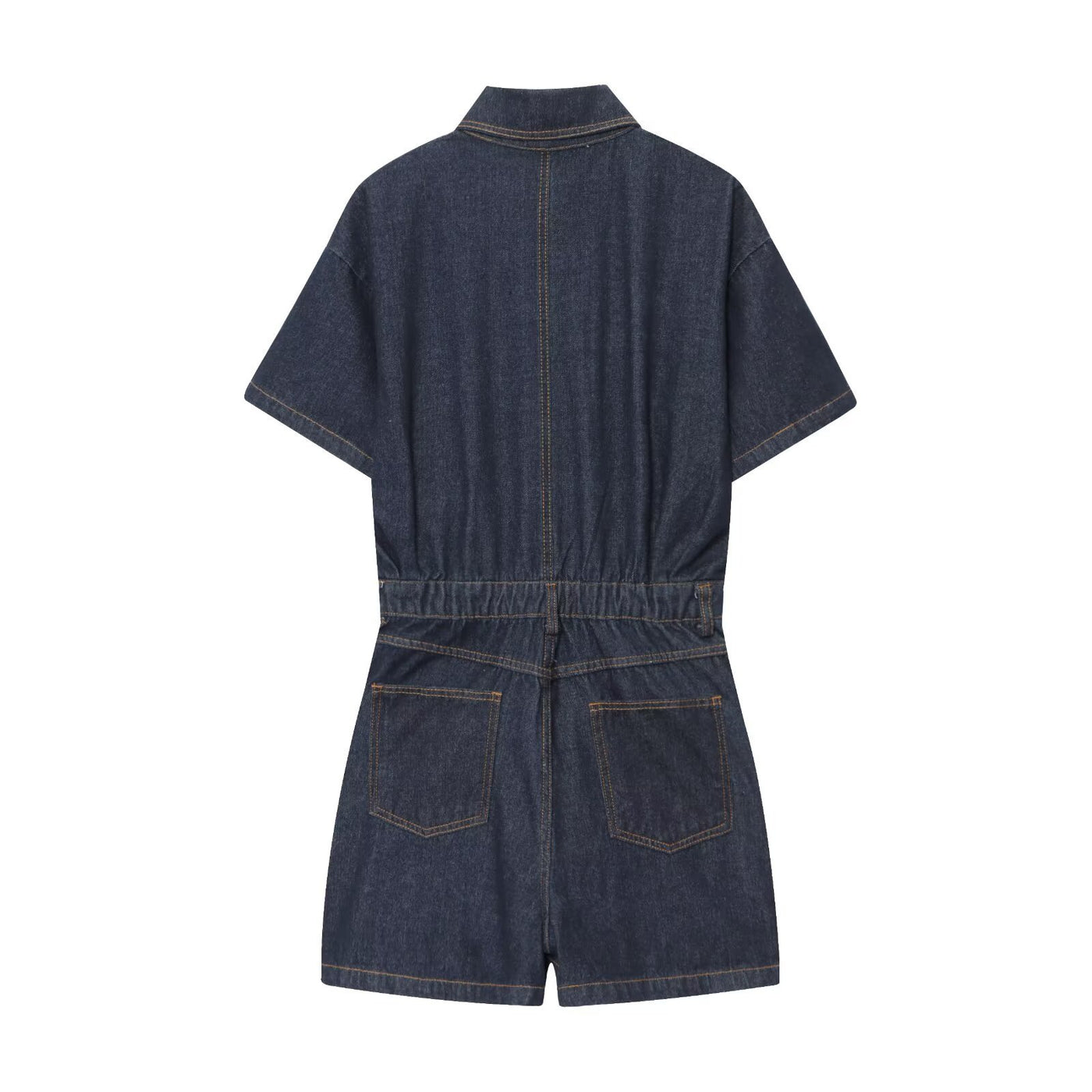 Abigail | Shirt Collar Button Front Twin Pocket Contrast Stitch Denim Romper in Dark Blue and Light Blue