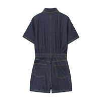 Abigail | Shirt Collar Button Front Twin Pocket Contrast Stitch Denim Romper in Dark Blue and Light Blue