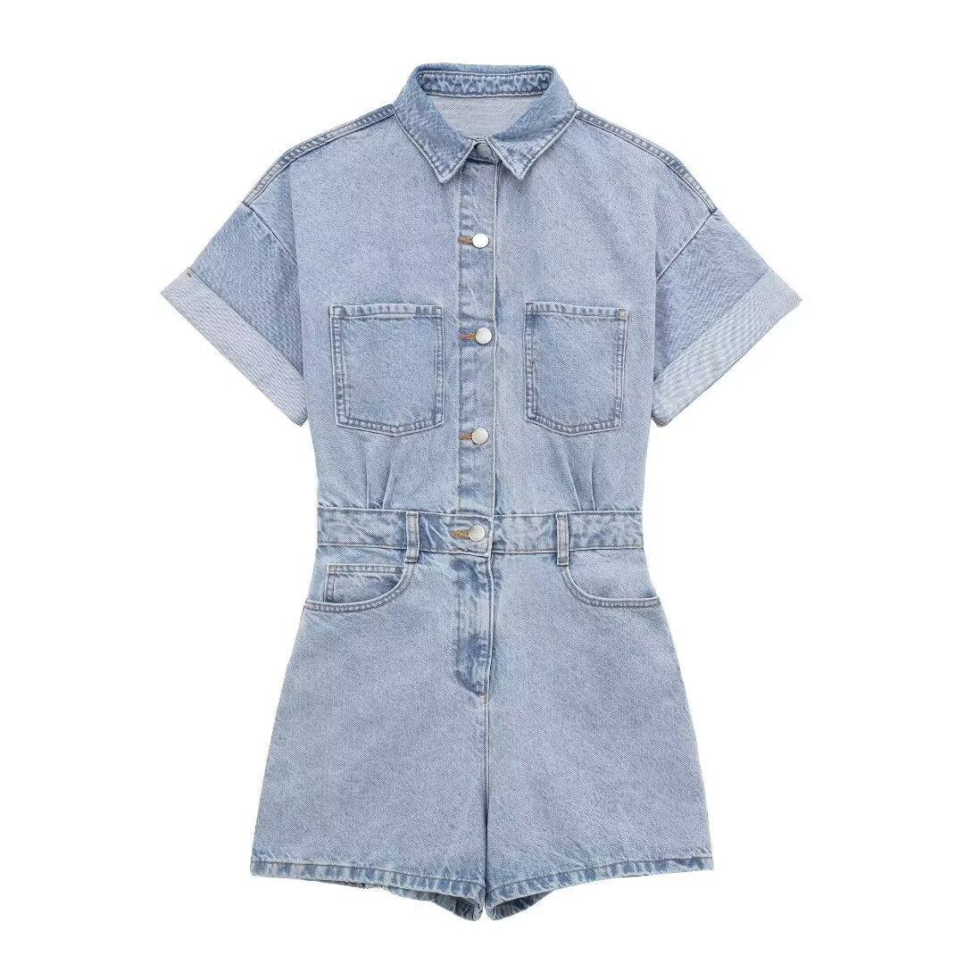 Ember | Summer Casual Denim Jumpsuit Cream Short Sleeve