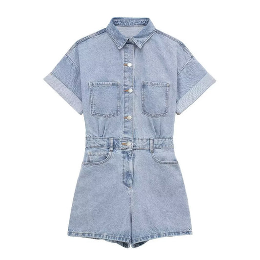 Ember | Summer Casual Denim Jumpsuit Cream Short Sleeve