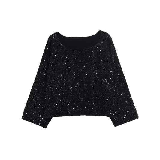 Aria | Sequin Top Black Long Sleeve Crop Boxy Embellished