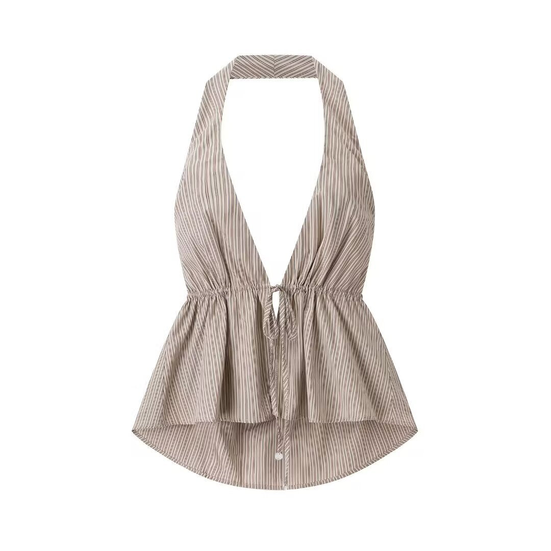 Lilah | Striped Cotton Halter Peplum Tie Front Top