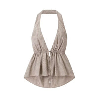 Lilah | Striped Cotton Halter Peplum Tie Front Top